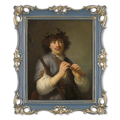 An ornate vintage-inspired picture frame with dark blue edges and gold accents, designed for an 8x10-inch picture, featuring a decorative painting of a man inside.