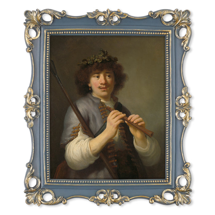 An ornate vintage-inspired picture frame with dark blue edges and gold accents, designed for an 8x10-inch picture, featuring a decorative painting of a man inside.