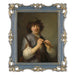 An ornate vintage-inspired picture frame with dark blue edges and gold accents, designed for an 8x10-inch picture, featuring a decorative painting of a man inside.