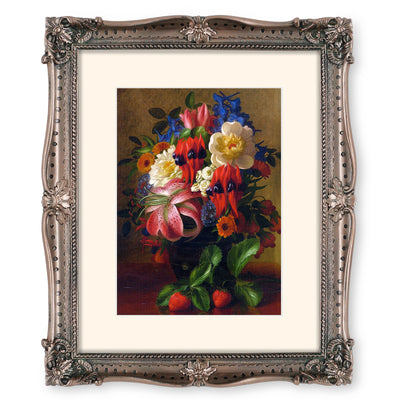 Antique bronze 8x10 picture frame with ornate baroque floral resin border, front view on white background