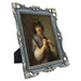 An ornate vintage-inspired picture frame with dark blue edges and gold accents, designed for an 8x10-inch picture, featuring a decorative painting of a man inside.