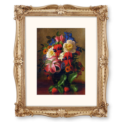 Gold 8x10 antique picture frame with ornate baroque floral resin border, front view on white background