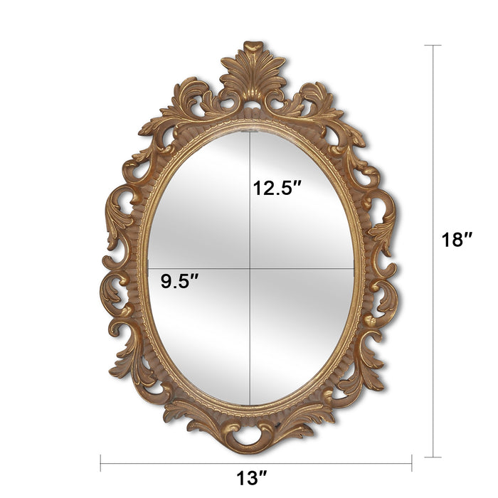 A vintage oval wall mirror with a decorative gold frame, designed for mounting on a wall.