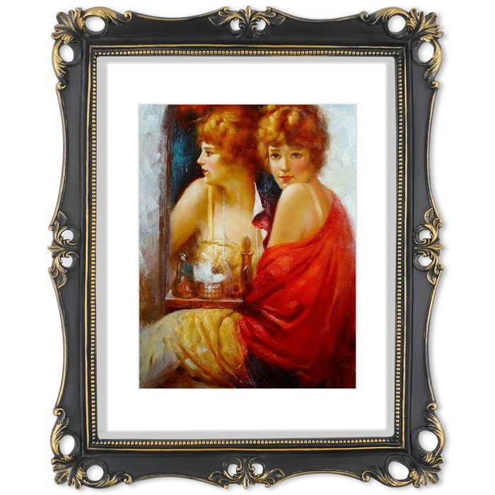 An 11x14-inch picture frame with a mat for an 8x10-inch photo, featuring sculpted edges and decorative accents in a hand-painted antique style finish.