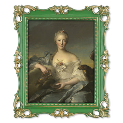 An ornate vintage-inspired picture frame with dark green edges and gold accents, designed for an 8x10-inch picture, featuring a decorative painting of a woman inside.