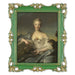 An ornate vintage-inspired picture frame with dark green edges and gold accents, designed for an 8x10-inch picture, featuring a decorative painting of a woman inside.