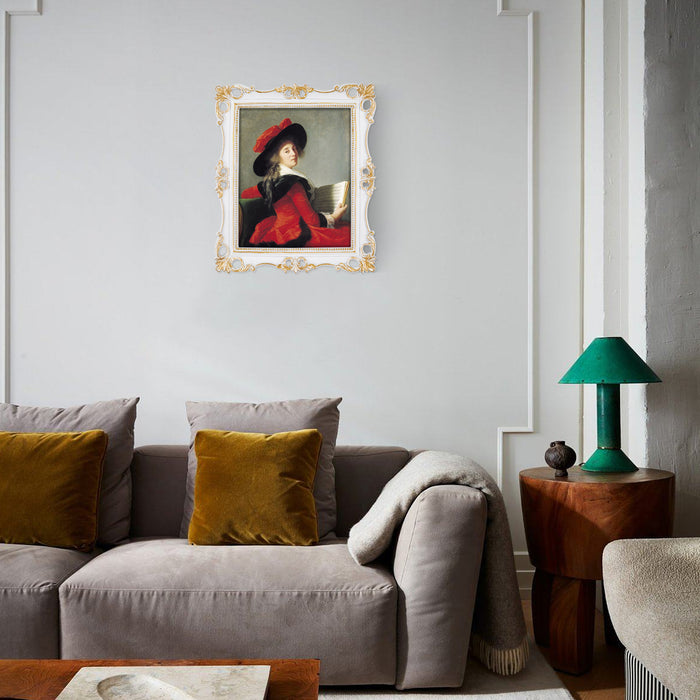 An ornate vintage-inspired picture frame with white edges and gold accents, designed for an 8x10-inch picture, featuring a decorative painting of a woman inside.