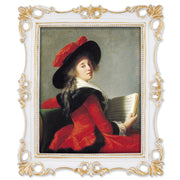 An ornate vintage-inspired picture frame with white edges and gold accents, designed for an 8x10-inch picture, featuring a decorative painting of a man inside.