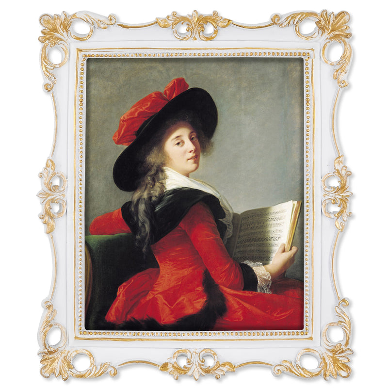 An ornate vintage-inspired picture frame with white edges and gold accents, designed for an 8x10-inch picture, featuring a decorative painting of a man inside.